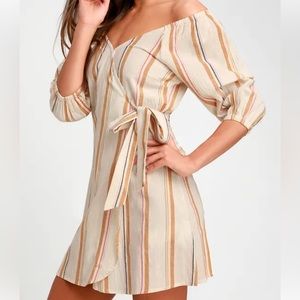Billabong Best Dressed Beige Striped Off-the-Shoulder Wrap Dress